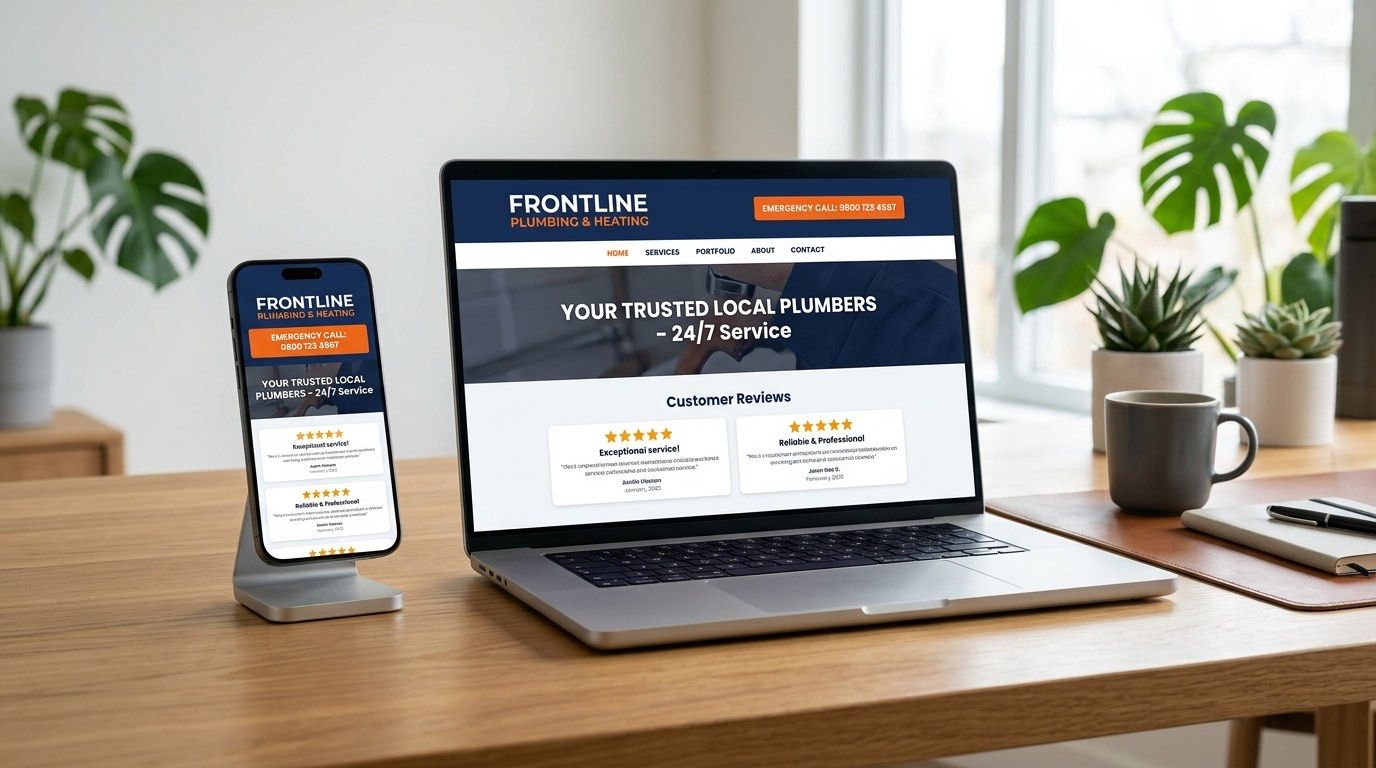 The Frontline Plumbing & Heating portfolio website shown on a MacBook Pro laptop and iPhone, built by TradeWebs UK